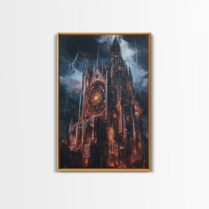 Stormy Gothic Cathedral With Lightning Framed Canvas Print, Dark Fantasy Wall Art, Dramatic Medieval Decor For Masculine Office