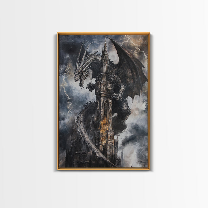 Dark Storm Dragon Cathedral Wall Art, Gothic Fantasy Castle Canvas, Lightning Dragon Print, Moody Medieval Home Decor Gift