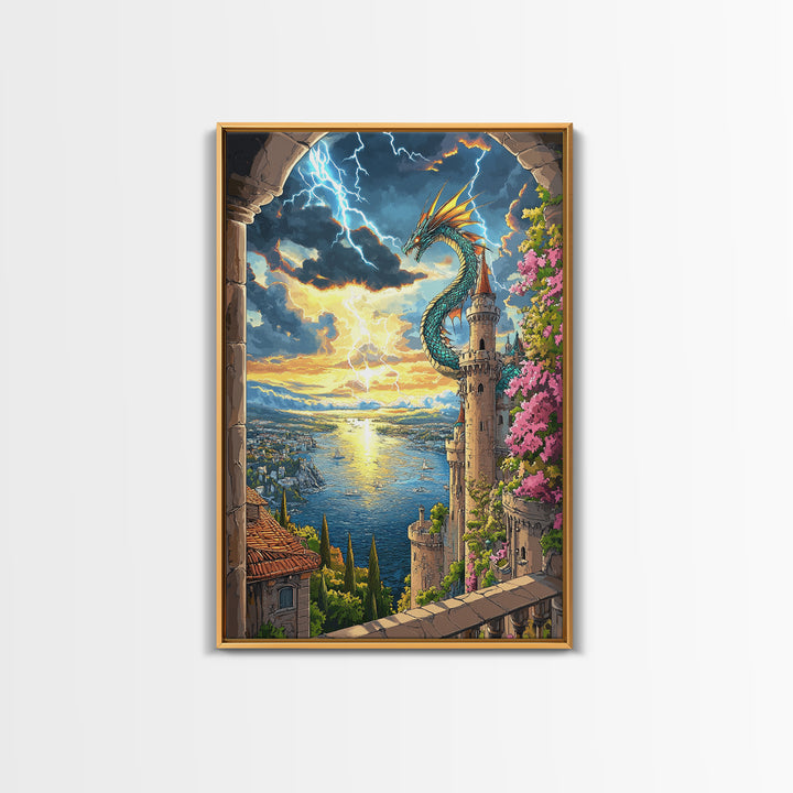 Sunset Sea Dragon Castle Wall Art, Vibrant Fantasy Coastal Landscape Print, Mediterranean Tower Living Room Decor, Gift For Her