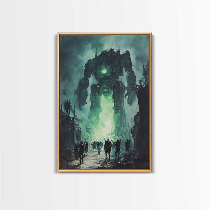 Green Glow Giant Robot Wall Art, Dark Sci Fi Dystopian City Canvas, Futuristic Mech Print, Gaming Room Decor Gift For Him