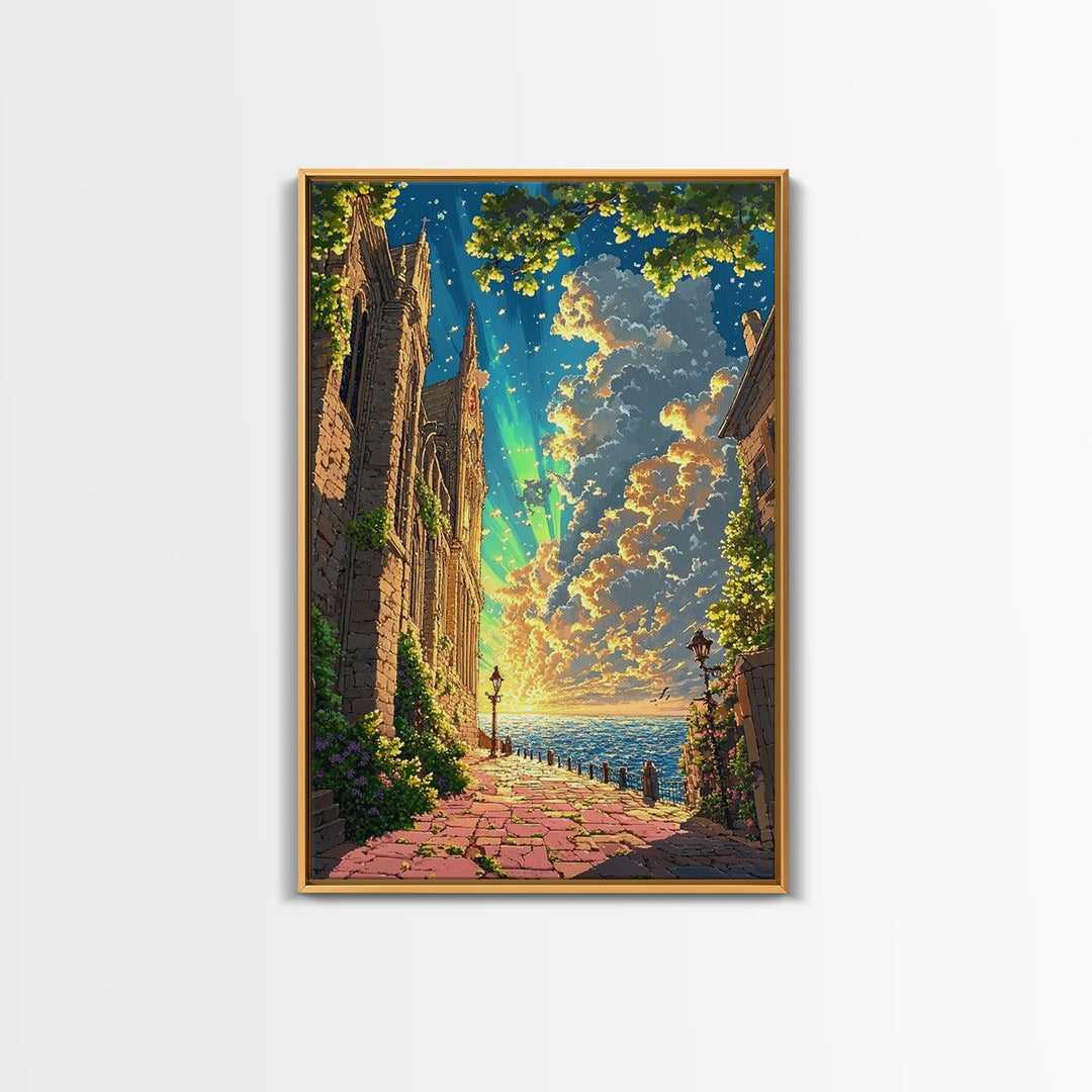 Seaside Gothic Cathedral Wall Art, Sunset Fantasy City Path Print, Aurora Sky Castle Decor, Whimsical Coastal Home Decor