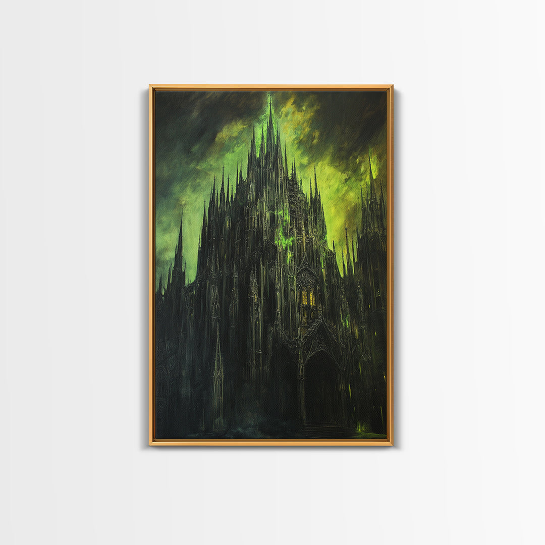Dark Green Gothic Cathedral Wall Art, Moody Fantasy Castle Canvas Print, Black Spire Architecture, Dark Academia Decor Gift