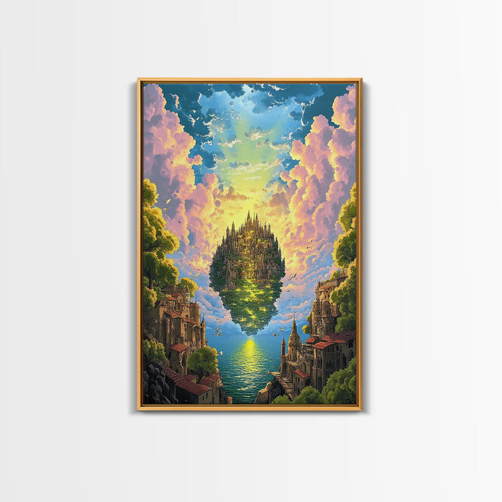 Floating Island Castle At Golden Sunset Canvas Print, Fantasy Wall Decor, Coastal Landscape Art, Large Living Room Decor