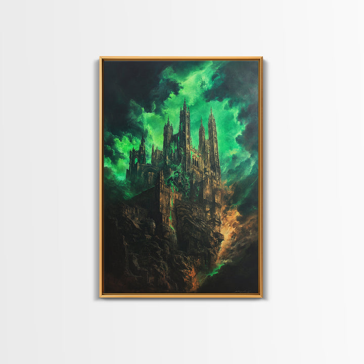 Emerald Gothic Cathedral In Storm Clouds Framed Canvas Print, Dark Fantasy Art, Moody Wall Decor, Dramatic Office Decor