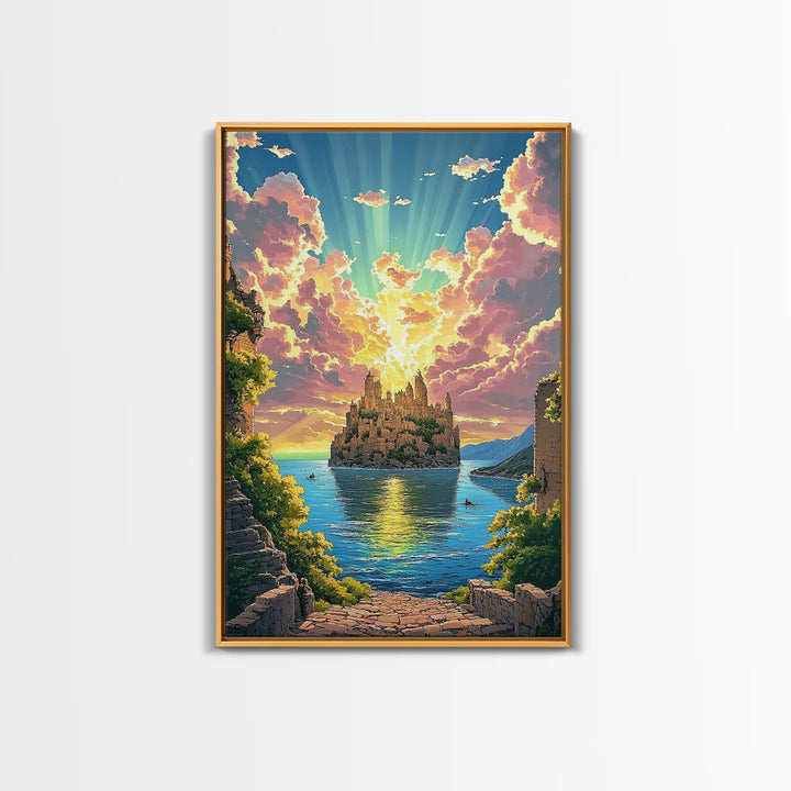 Sunlit Island Castle With Pink Clouds Canvas Print, Fantasy Landscape Wall Art, Coastal Decor, Large Living Room Art, Home Decor