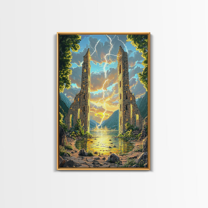 Ancient Ruined Towers With Lightning At Lake Canvas Print, Fantasy Landscape Wall Art, Mountain Decor, Dramatic Home Decor