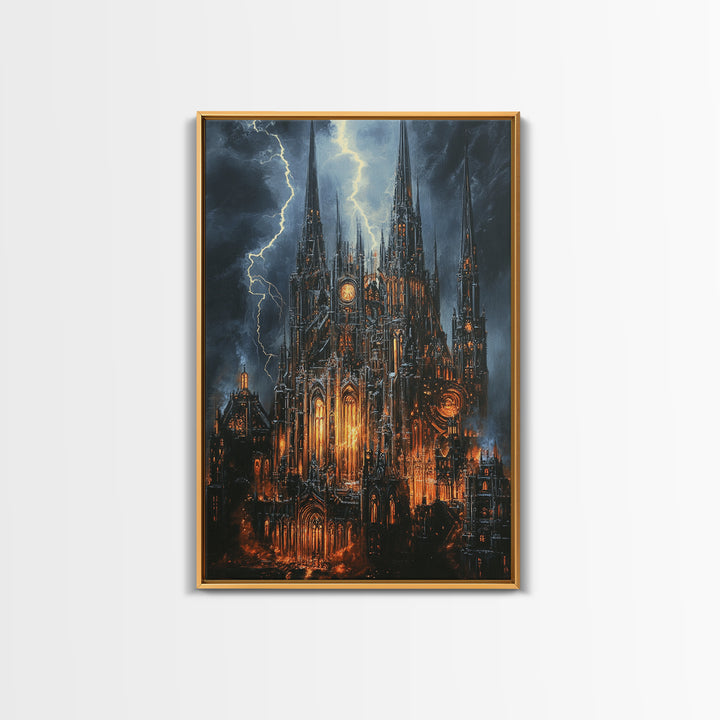 Stormy Gothic Cathedral With Orange Glow Framed Canvas Print, Dark Academia Wall Art, Moody Office Decor, Fantasy Art, Gift