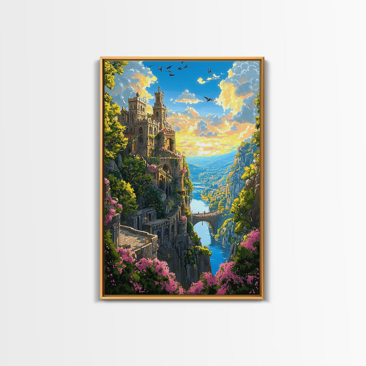 Cliffside Castle Garden Over Blue Valley Wall Art, Fantasy Landscape Print, Colorful Home Decor, Large Living Room Art, Gift