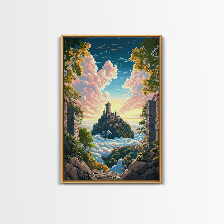 Castle Above Clouds Through Stone Gate Canvas Print, Dreamy Fantasy Wall Art, Whimsical Decor, Large Bedroom Wall Art, Gift