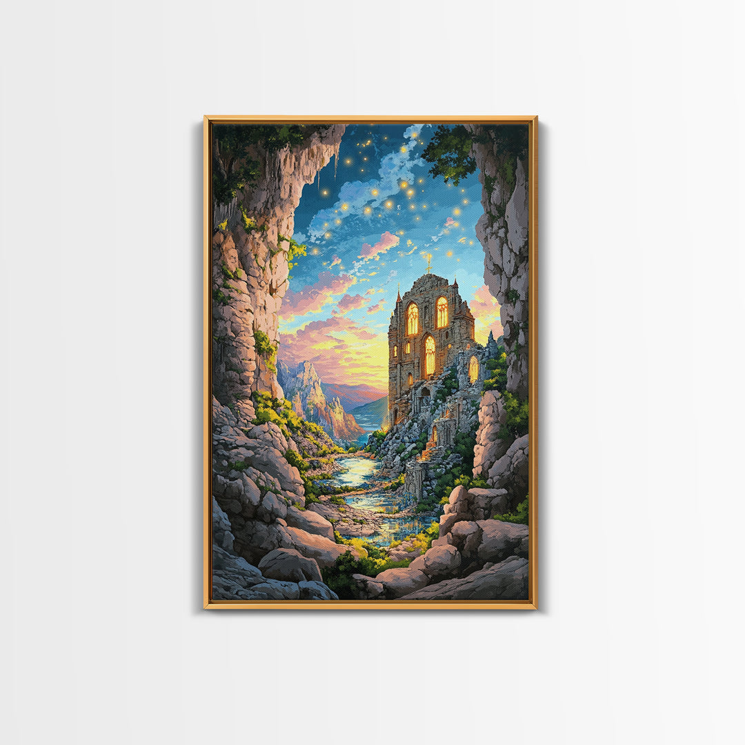 Twilight Cave Ruins With Glowing Windows And Starry Sky Framed Canvas Print, Fantasy Mountain Wall Decor For Cozy Home Gift