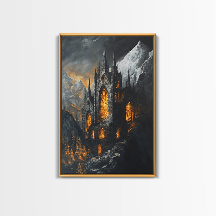 Dark Gothic Cathedral In Snowy Mountains With Amber Windows Canvas Print, Moody Fantasy Wall Art, Dark Academia Decor For Office