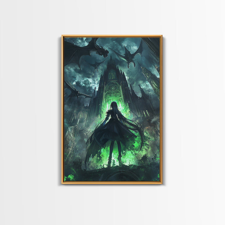 Dark Dragon Cathedral With Green Portal And Girl Silhouette Framed Canvas Print, Gothic Fantasy Wall Art, Moody Decor Gift