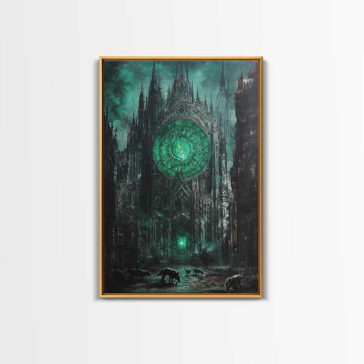 Emerald Rose Window On Dark Gothic Cathedral With Wolves Wall Art, Moody Fantasy Print, Dark Academia Office Decor For Living Room