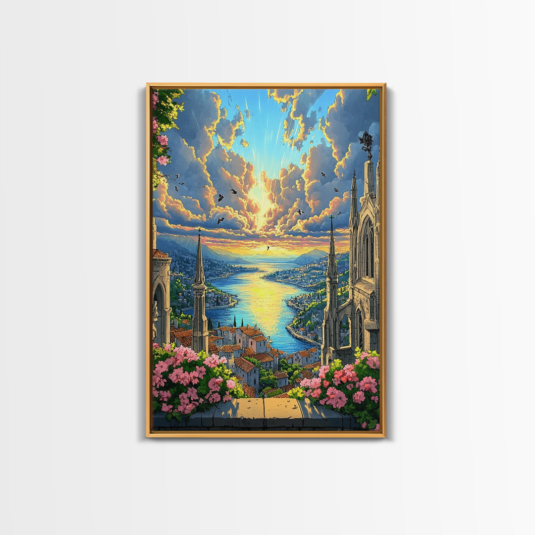 Sunset Harbor City From Cathedral Balcony With Pink Flowers Framed Canvas Print, Coastal Fantasy Wall Art, Home Decor For Living Room