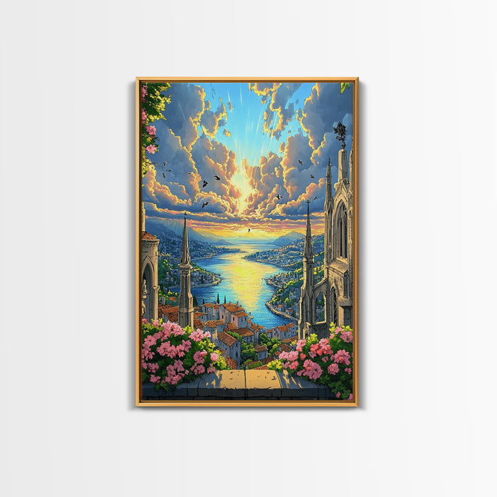 Sunset Harbor City From Cathedral Balcony With Pink Flowers Framed Canvas Print, Coastal Fantasy Wall Art, Home Decor For Living Room