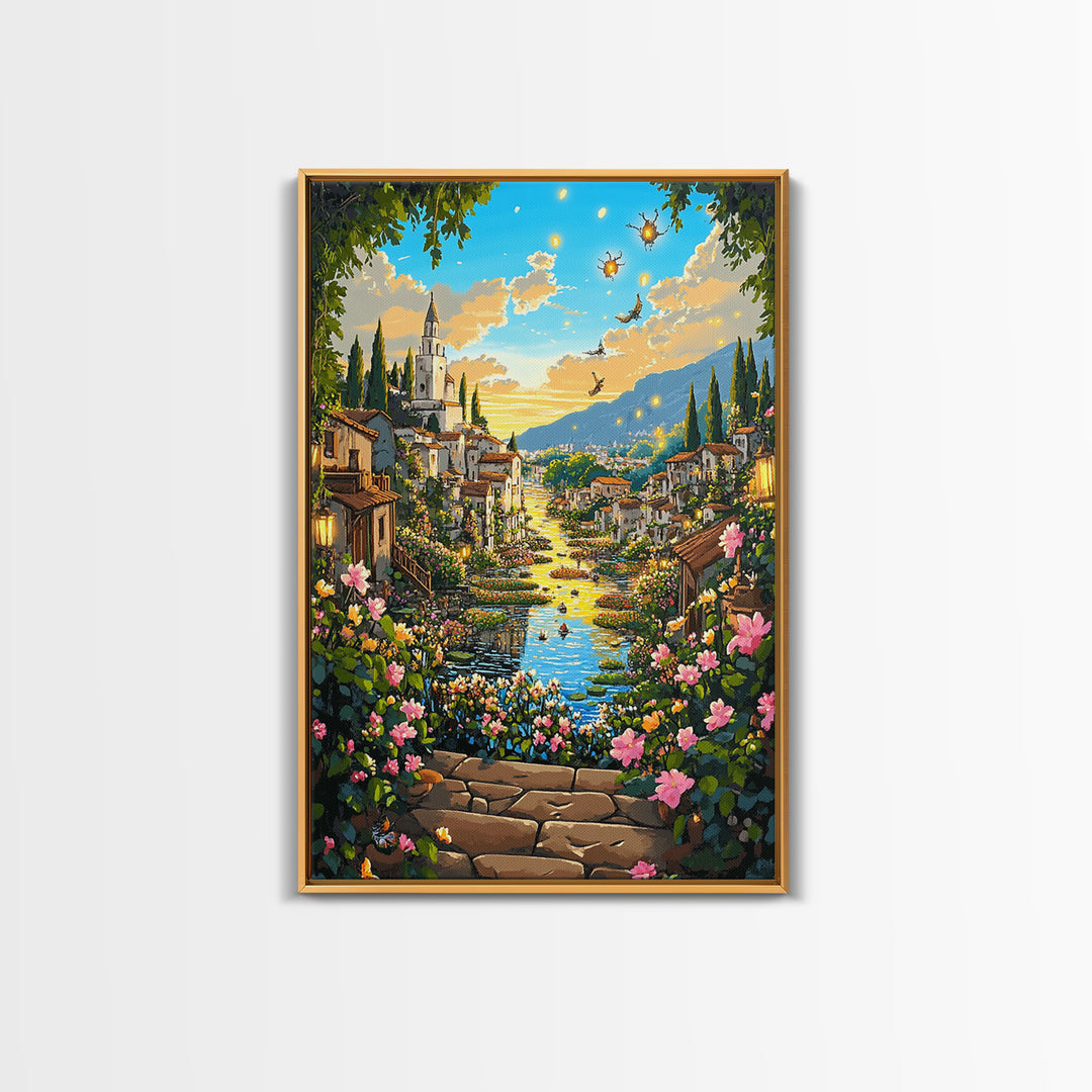 Sunlit Fantasy Village Canal With Flowers Canvas Print, Mediterranean Castle Wall Art For Living Room Decor Housewarming Gift