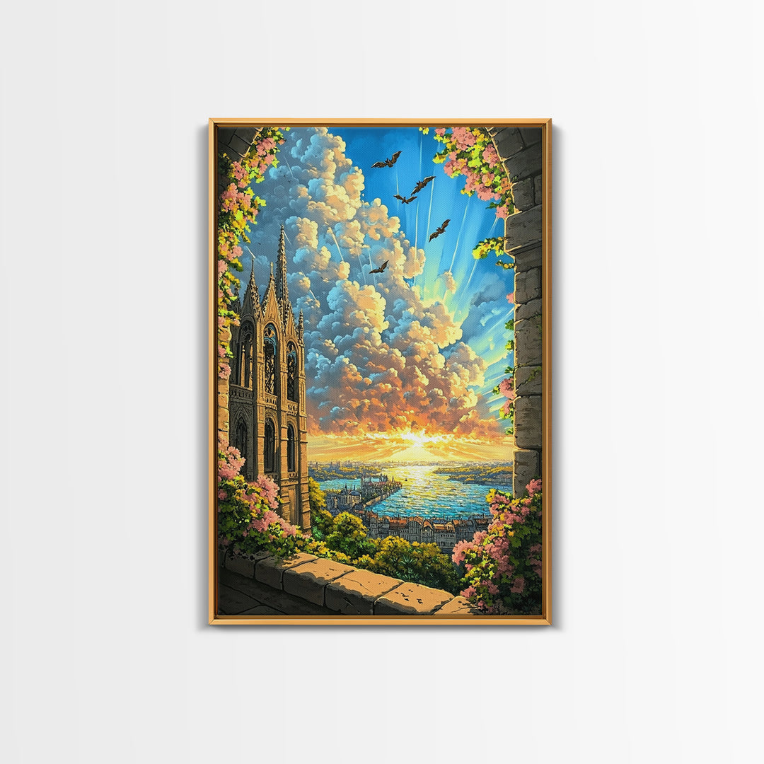 Gothic Cathedral Window At Golden Sunset Framed Canvas Print, Fantasy Landscape Wall Art For Bedroom Home Decor Gift For Her