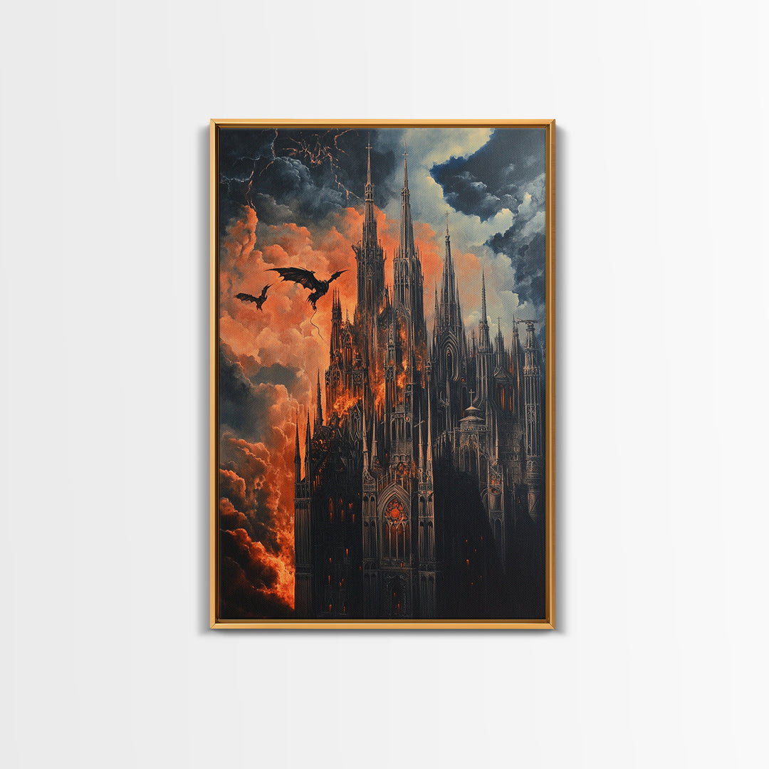 Burning Gothic Cathedral With Dragons Framed Canvas Print, Dark Fantasy Wall Art For Moody Gothic Office Decor Gift For Him