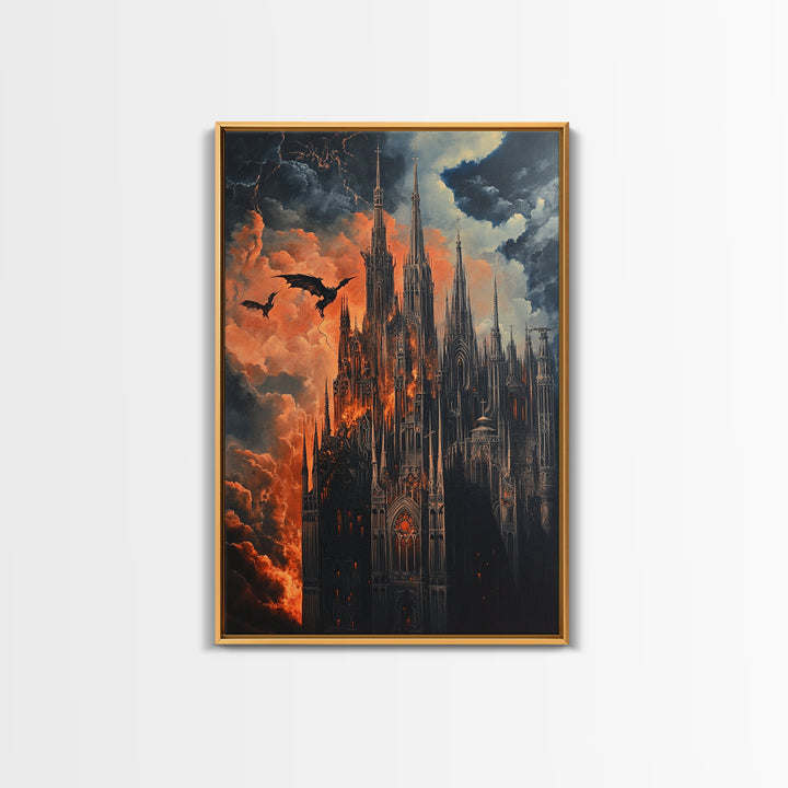 Burning Gothic Cathedral With Dragons Framed Canvas Print, Dark Fantasy Wall Art For Moody Gothic Office Decor Gift For Him