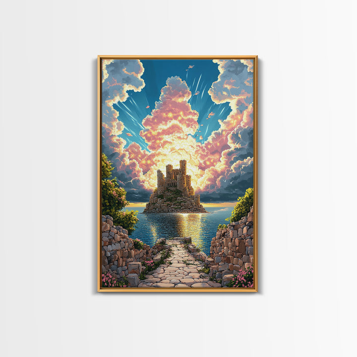 Island Castle Ruins Under Radiant Clouds Canvas Print, Coastal Fantasy Wall Art For Living Room Home Decor Housewarming Gift