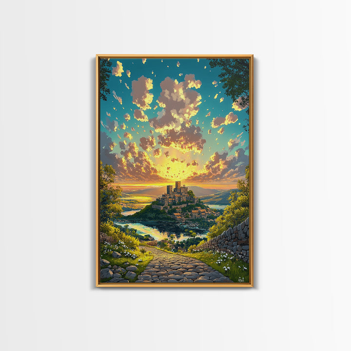 Sunrise Hilltop Castle Village Stone Path Canvas Print, Fantasy Landscape Wall Art For Living Room Decor Housewarming Gift