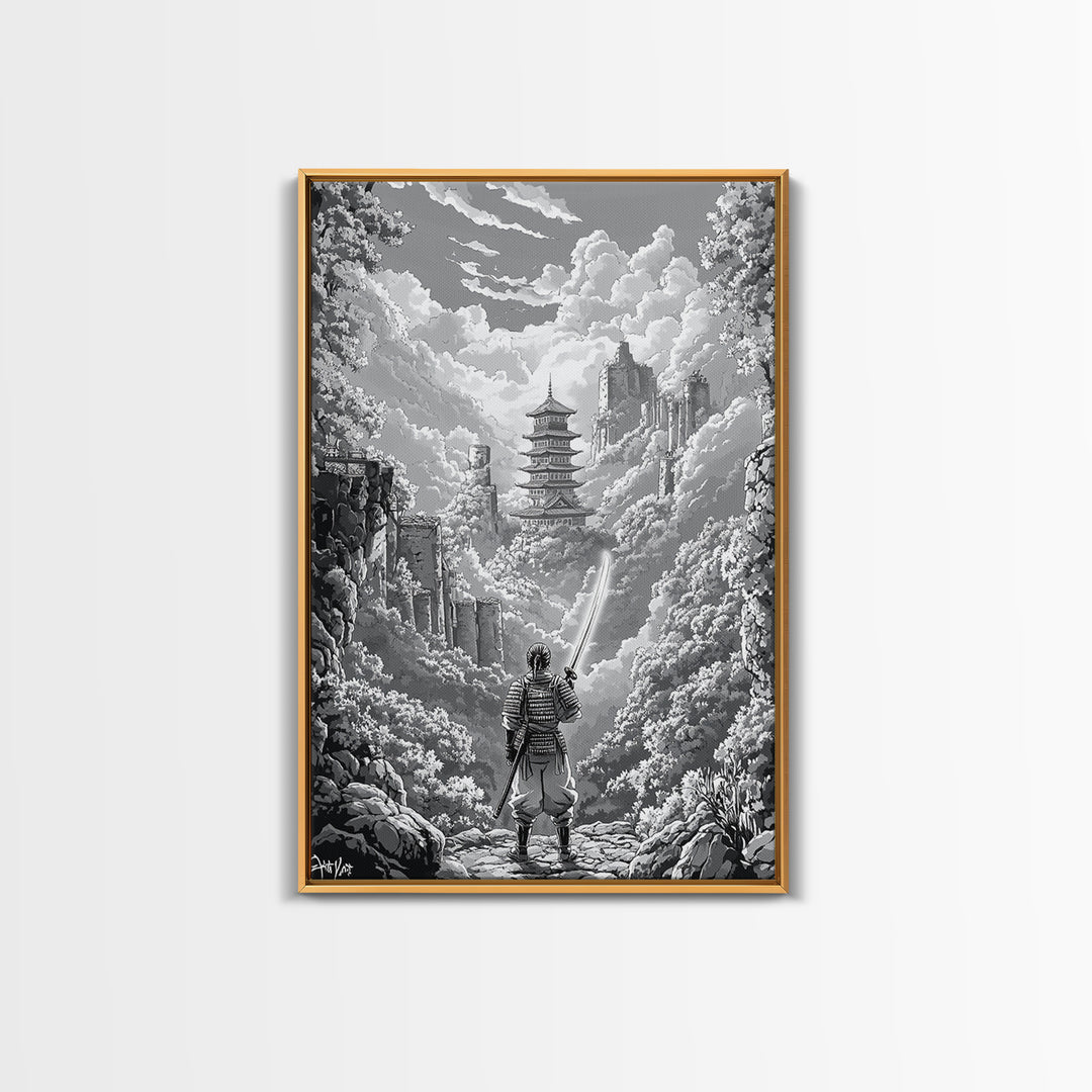 Black And White Samurai Temple Wall Art, Japanese Pagoda Fantasy Print, Monochrome Landscape, Framed Canvas Print, Home Decor