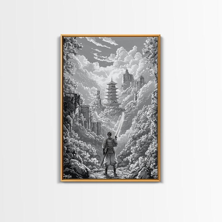 Black And White Samurai Temple Wall Art, Japanese Pagoda Fantasy Print, Monochrome Landscape, Framed Canvas Print, Home Decor