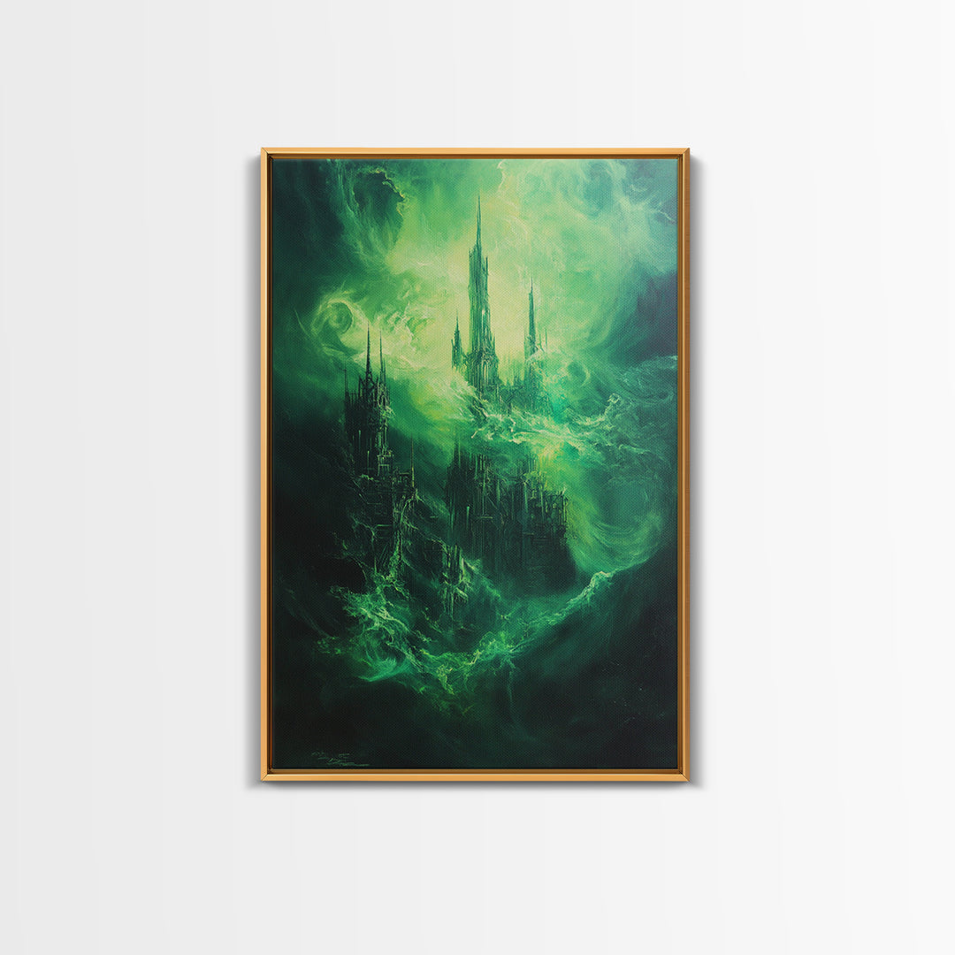 Emerald Gothic Floating Castle Large Canvas Print, Dark Fantasy Wall Art, Surreal Green Cityscape, Moody Home Decor Gift