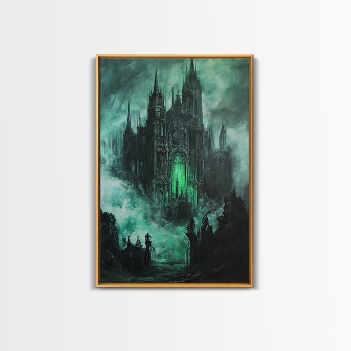 Haunted Gothic Cathedral In Emerald Mist Wall Art, Dark Academia Decor, Fantasy Architecture, Moody Framed Canvas Print, Gift