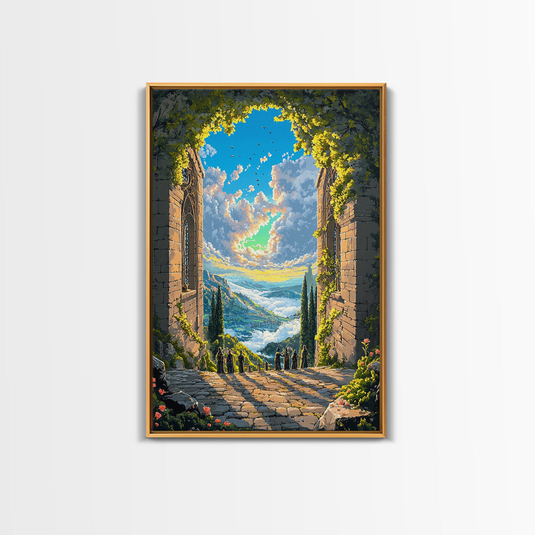 Sunlit Stone Archway Over Mountain Valley Wall Art, Italian Landscape Print, Garden Ruins Decor, Large Framed Canvas Print