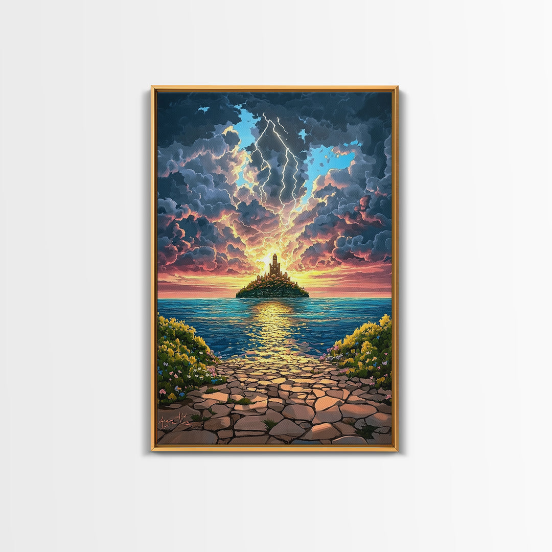 Lightning Over Island Tower At Sunset Wall Art, Dramatic Ocean Seascape Print, Fantasy Coastal Decor, Framed Canvas Print