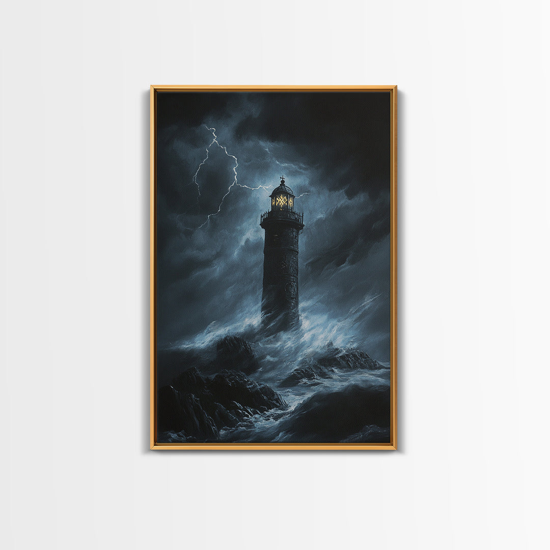 Stormy Lighthouse In Moonlit Waves Wall Art, Dark Coastal Seascape Print, Nautical Ocean Decor, Large Framed Canvas Print