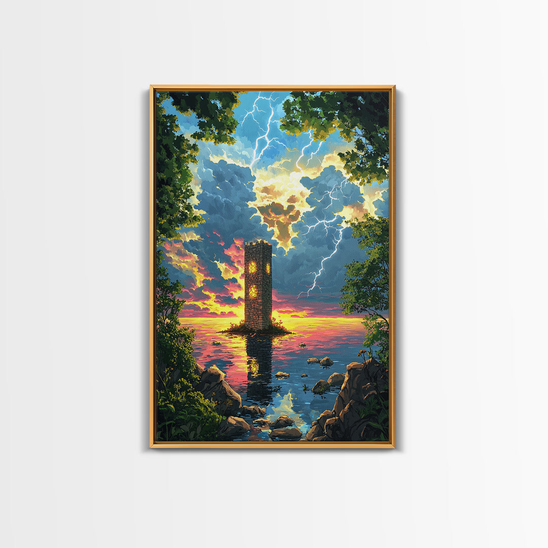 Lightning Struck Sea Tower At Sunset Canvas Print, Fantasy Coastal Wall Art, Stormy Ocean Decor, Large Framed Canvas Print