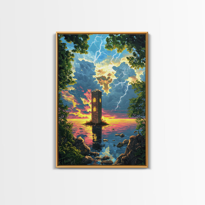 Lightning Struck Sea Tower At Sunset Canvas Print, Fantasy Coastal Wall Art, Stormy Ocean Decor, Large Framed Canvas Print