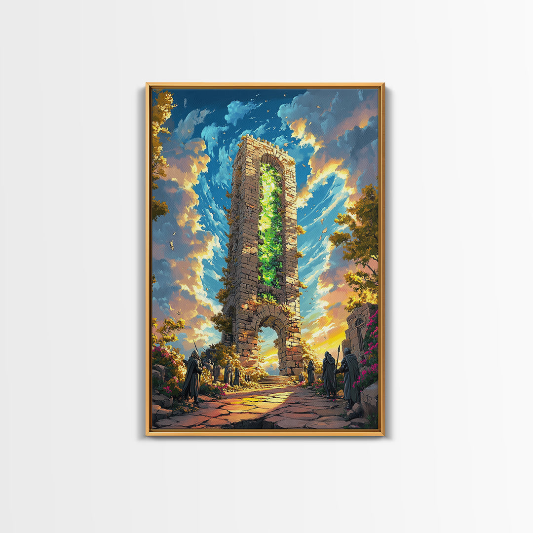 Glowing Stone Tower Gate Framed Canvas Print, Fantasy Wall Art, Gothic Ruins, Magical Landscape, Statement Home Decor, Living Room Art