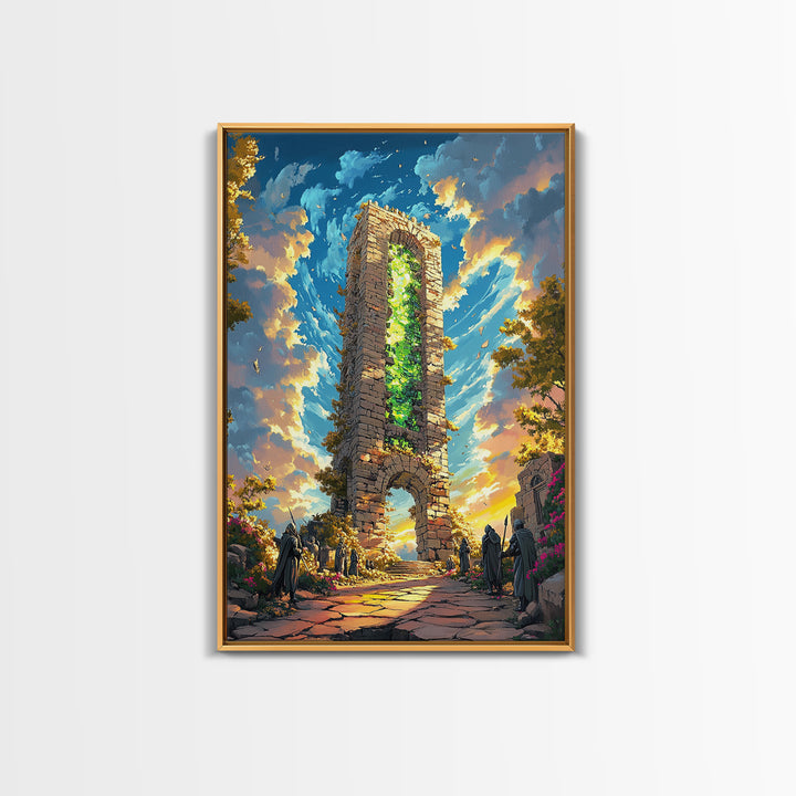 Glowing Stone Tower Gate Framed Canvas Print, Fantasy Wall Art, Gothic Ruins, Magical Landscape, Statement Home Decor, Living Room Art
