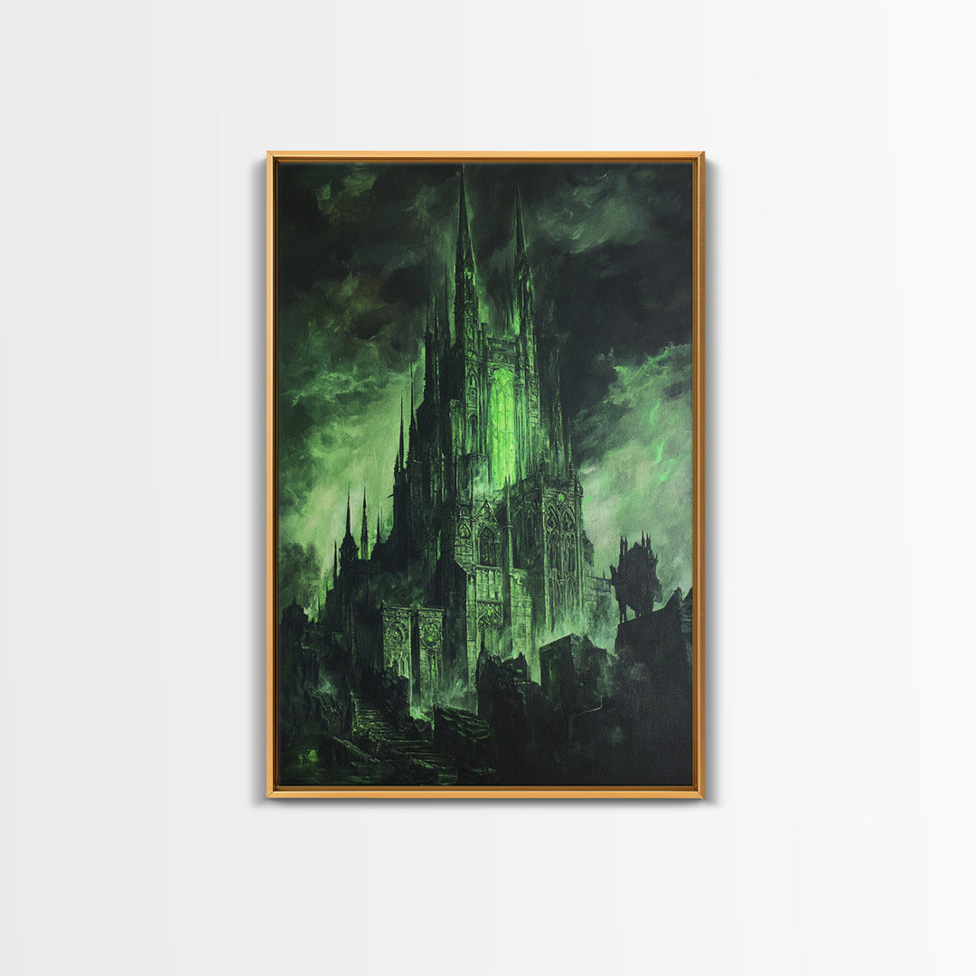 Dark Green Gothic Cathedral Wall Art, Fantasy Castle Print, Dark Academia Decor, Moody Wall Decor, Gothic Canvas Print, Mystical Art