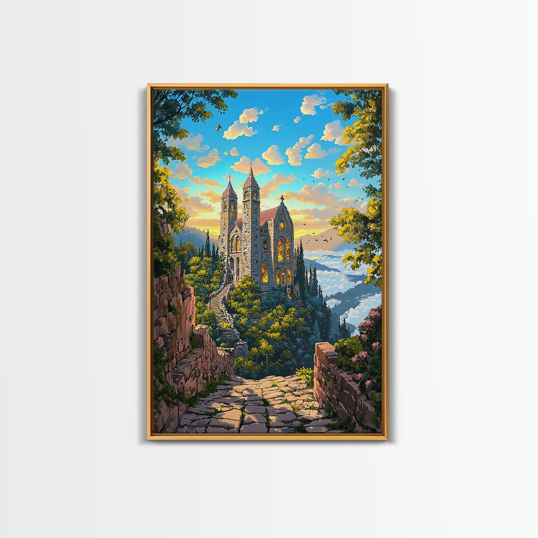 Stone Hilltop Abbey Framed Canvas Print, Fantasy Landscape Wall Art, Gothic Architecture, Nature Decor, Living Room Art, Home Decor