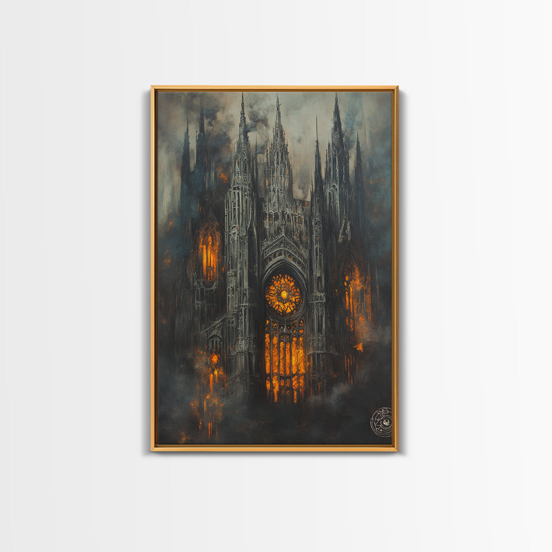 Burning Gothic Cathedral Canvas Print, Dark Fantasy Wall Art, Moody Architecture, Dark Academia Decor, Statement Artwork