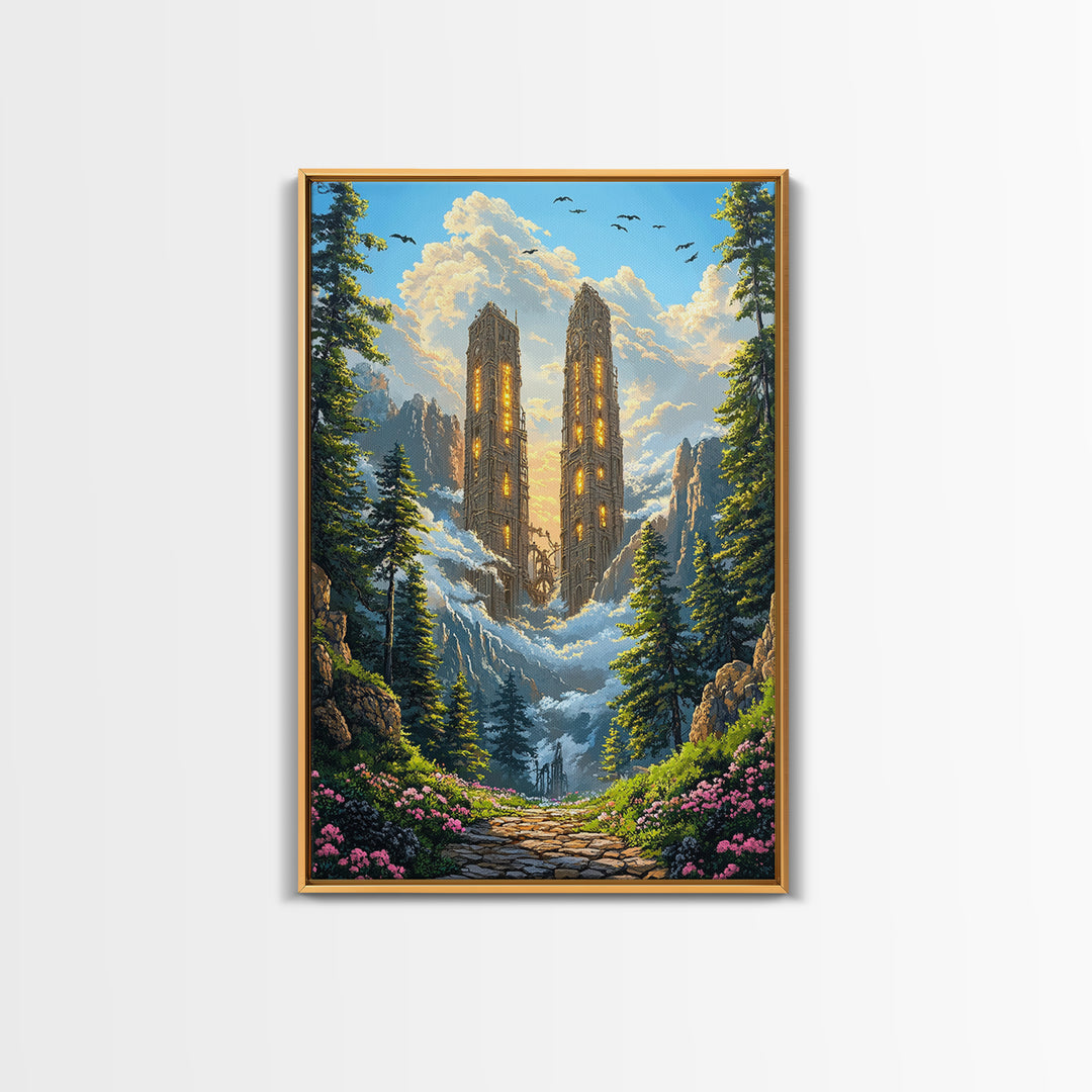 Twin Mountain Towers Canvas Print, Snowy Fantasy Landscape Wall Art, Pine Forest Decor, Large Wall Art, Living Room Decor