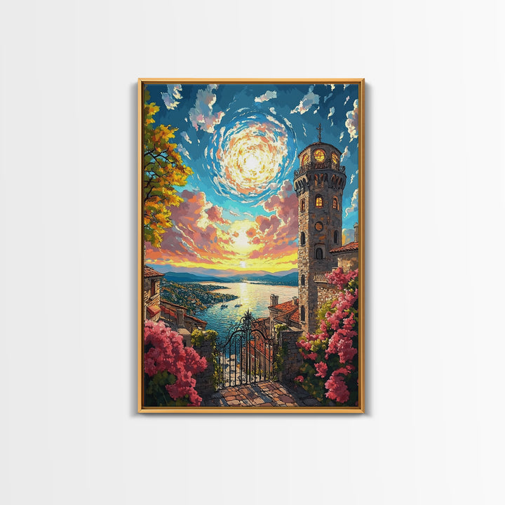 Lake Como Sunset Tower Canvas Print, Italian Coastal Wall Art, Mediterranean Decor, Travel Poster, Elegant Living Room Decor
