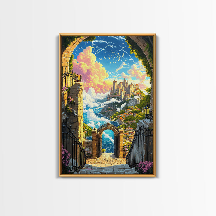 Clifftop Castle Gateway Canvas Print, Fantasy Coastal Wall Art, Whimsical Landscape, Storybook Decor, Large Art Print, Home Decor