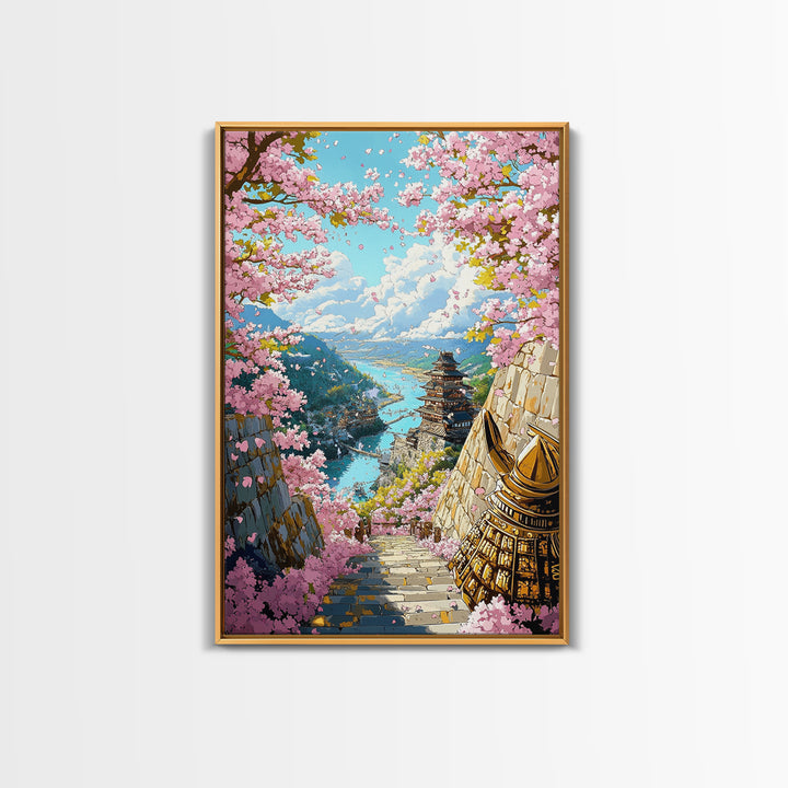 Cherry Blossom Pagoda Stairway Canvas Print, Japanese Wall Art, Samurai Decor, Spring Landscape, Zen Home Decor, Living Room Decor