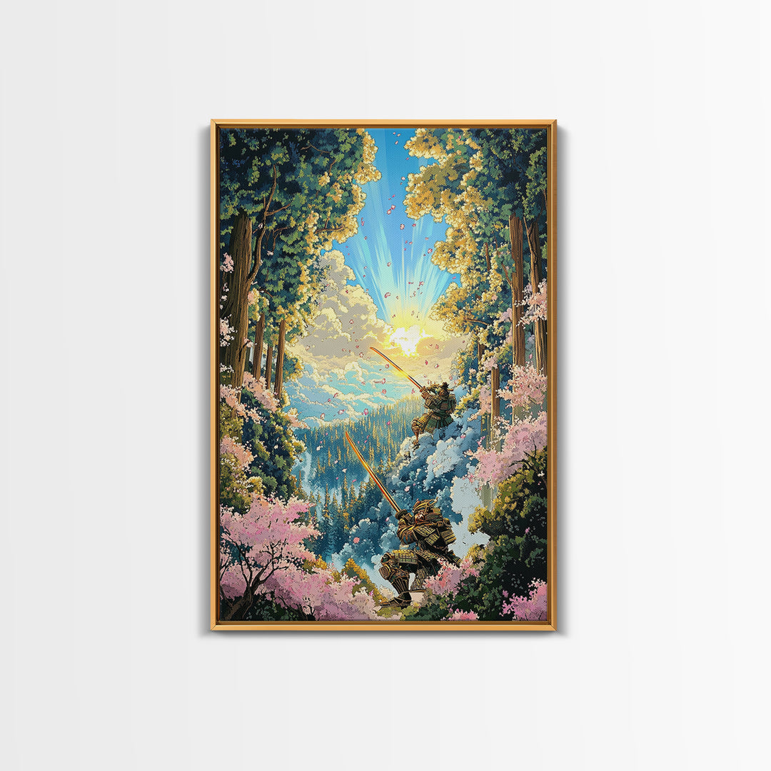 Samurai Forest Duel Canvas Print, Japanese Wall Art, Fantasy Landscape, Cherry Blossom Decor, Warrior Art, Adventure Poster