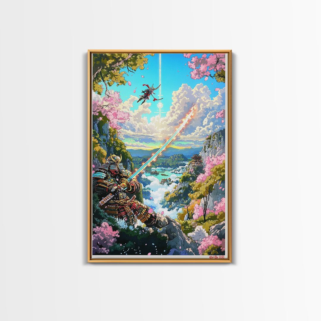 Glowing Sword Samurai Canvas Print, Japanese Wall Art, Fantasy Landscape, Cherry Blossom Decor, Warrior Art, Gaming Room Art