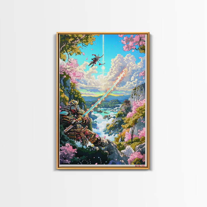 Glowing Sword Samurai Canvas Print, Japanese Wall Art, Fantasy Landscape, Cherry Blossom Decor, Warrior Art, Gaming Room Art