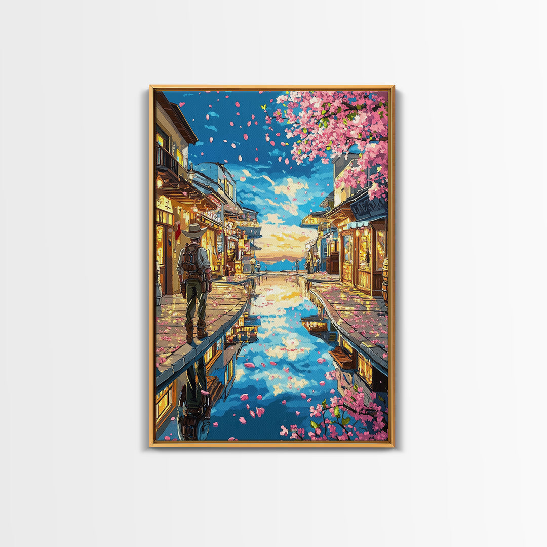 Cherry Blossom Canal Street Canvas Print, Japanese Wall Art, Kyoto Travel Poster, Reflective Water, Cozy Shop Decor, Home Decor