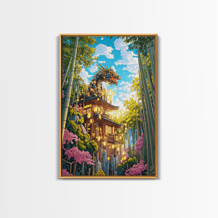 Golden Dragon Pagoda With Cherry Blossoms Canvas Print, Japanese Wall Art, Fantasy Landscape, Asian Home Decor Gift For Her