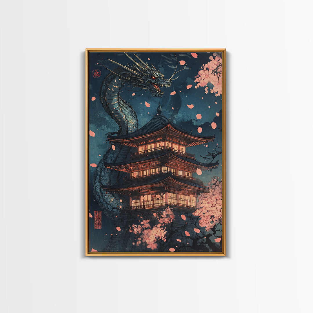 Moonlit Dragon Pagoda With Sakura Petals Framed Canvas Print, Japanese Wall Art, Dark Fantasy Decor, Cherry Blossom Poster