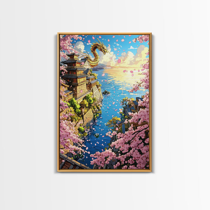 Golden Dragon Over Cherry Blossom Coastal Village Wall Art, Japanese Fantasy Seascape, Ocean Wall Decor Gift, Travel Poster